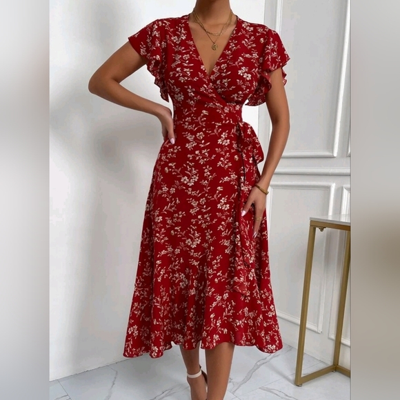 NEW Boho Floral Flutter Wrap Dress Burgundy Red - Picture 6 of 9